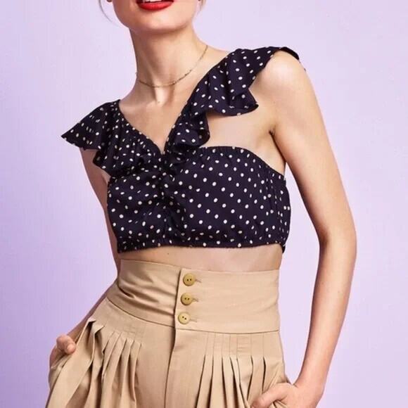New w/Tag For Love and Lemons Navy Polka Dot Ruffle Crop Top Small - Picture 1 of 9